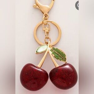 Cherry Keychain with Green Leaves & Gold - Red Accents